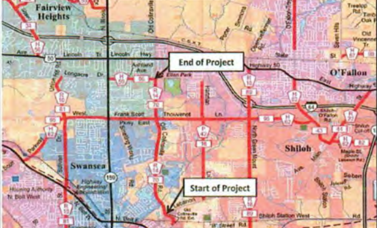 This map shows the section of length of Old Collinsville Road that crews will soon begin repair work on.