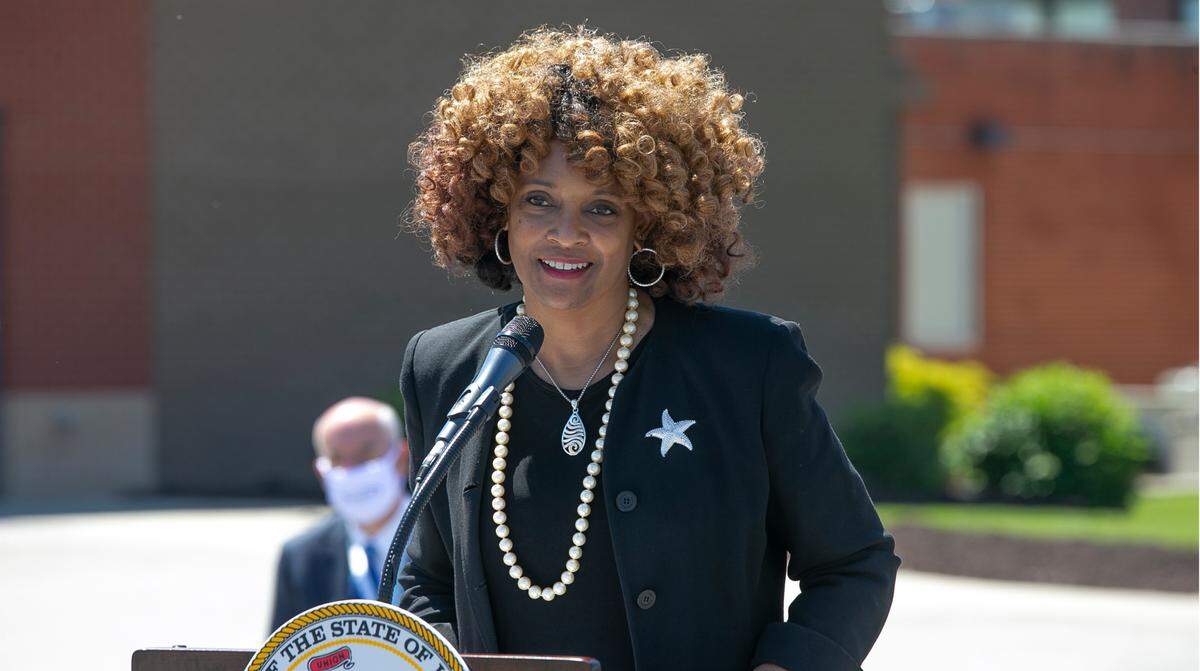Illinois Rep. Camille Lilly, D-Chicago, speaks during a news conference on Friday at Touchette Regional Hospital in Centreville.
