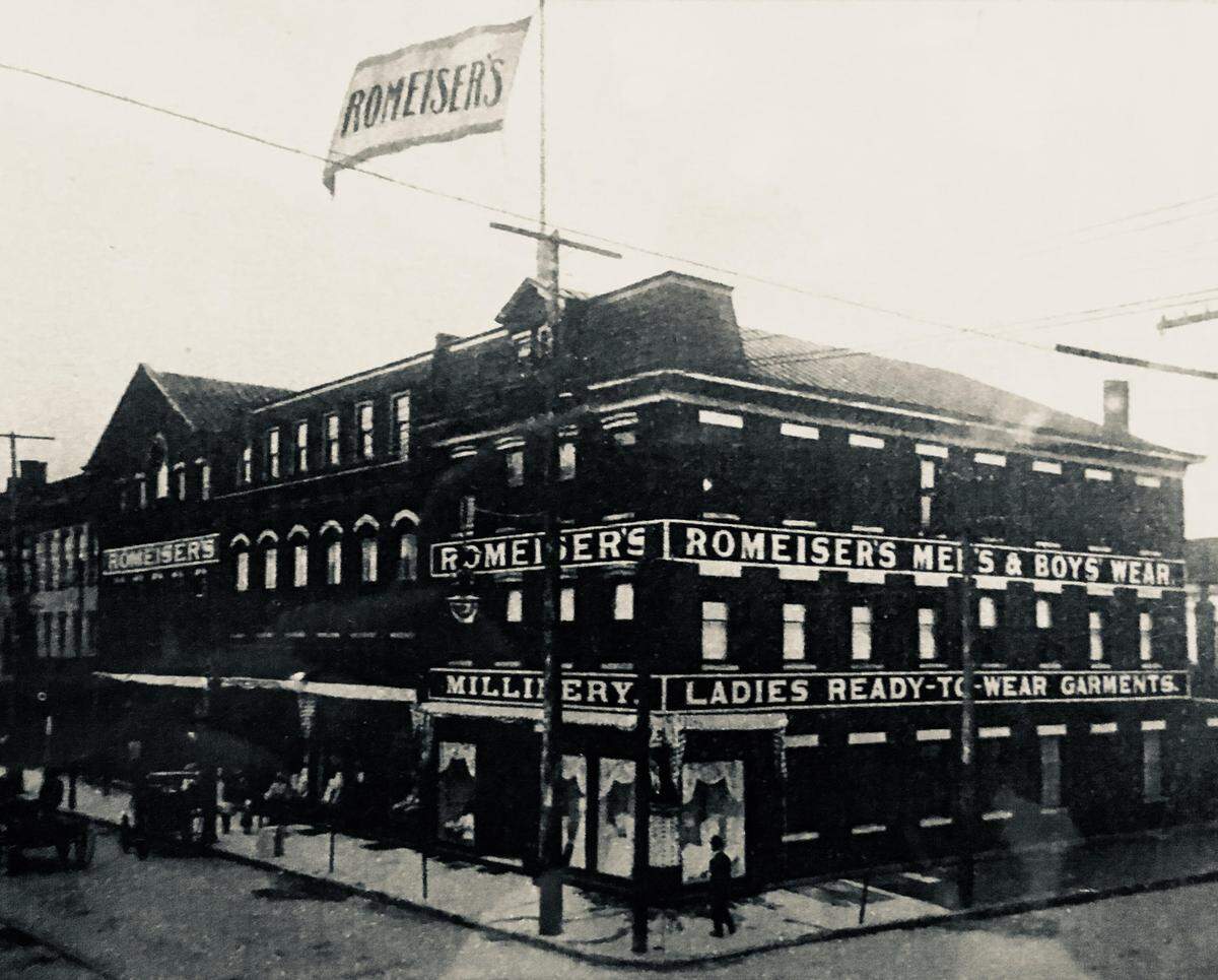 Romeiser's on Main Street, Belleville, was owned by Emma Pannes' father, Peter Romeiser. His business innovations included electric lights and price tags.