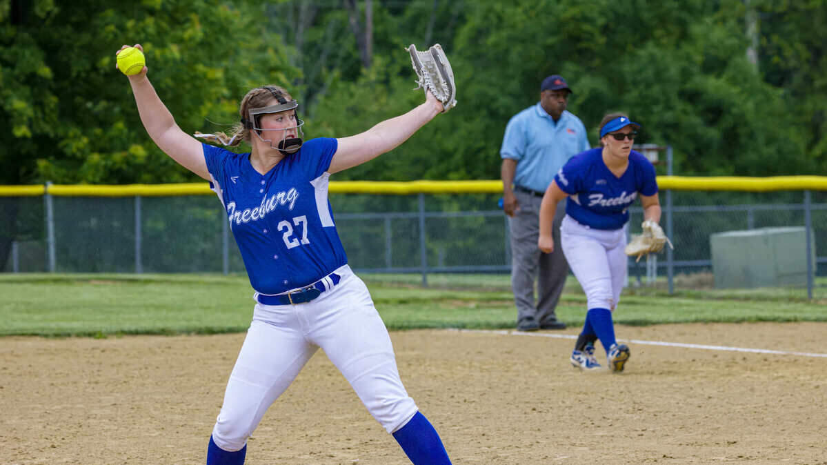 Freeburg’s Samantha Roulanaitis delivers a pitch during the IHSA Class 2A Althoff Regional championship game against Breese Central. For her performance this spring, Roulanaitis was voted as the Belleville News-Democrat’s 2023 Softball Player of the Year, as selected by readers of bnd.com.​