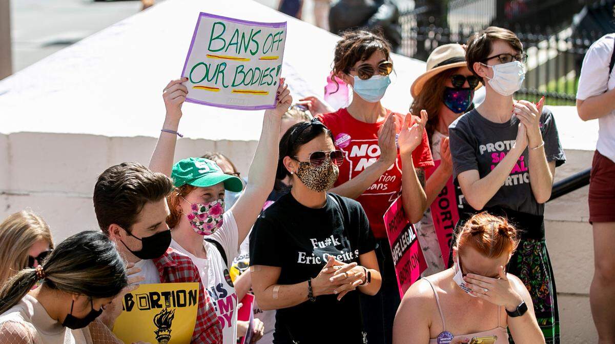 A crowd of people who support reproductive rights gathered at the Old Courthouse in downtown St. Louis for the Stop the Bans Coalition rally in response to Texas’ Abortion Ban.