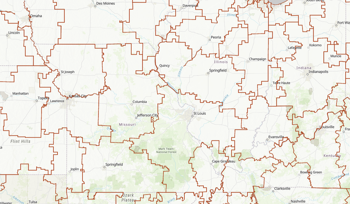 This map shows the St. Louis, Missouri hospital referral region, which includes St. Louis City and County and much of southwest Illinois and southeast Missouri.