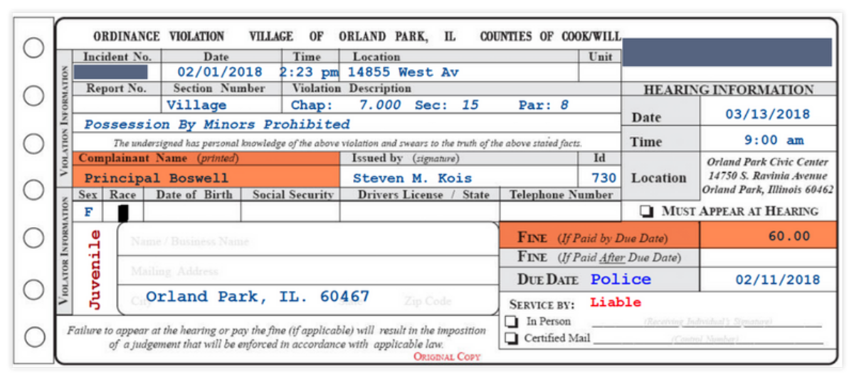 The principal is listed as the complainant on this ticket written to a girl at Orland Junior High School for possessing “tobacco or an alternative nicotine product.”