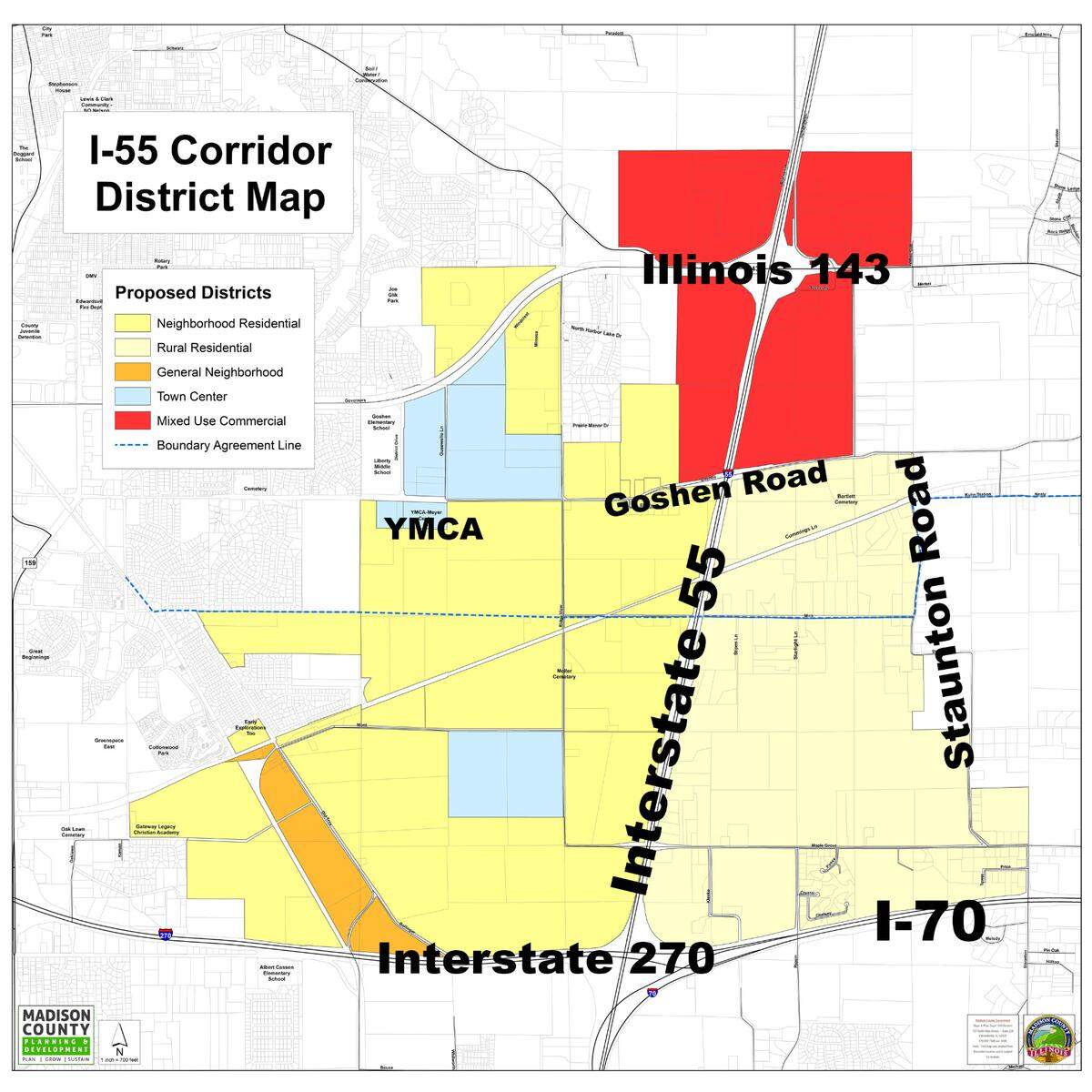 This color-coded map shows how Madison County, the city of Edwardsville and village of Glen Carbon plan to guide development in the I-55 Corridor District.
