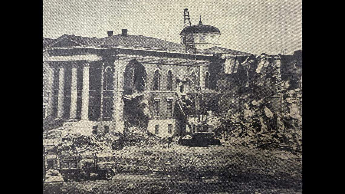 This photo was published in the Belleville News-Democrat on June 1, 1972. It shows the demolition of the St. Clair Courthouse in downtown Belleville.