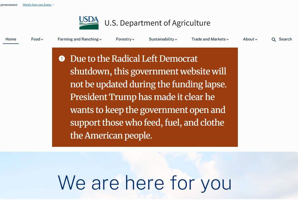A partisan message appears on the U.S. Department of Agriculture homepage, blaming “Radical Left” Democrats for the federal government shutdown.