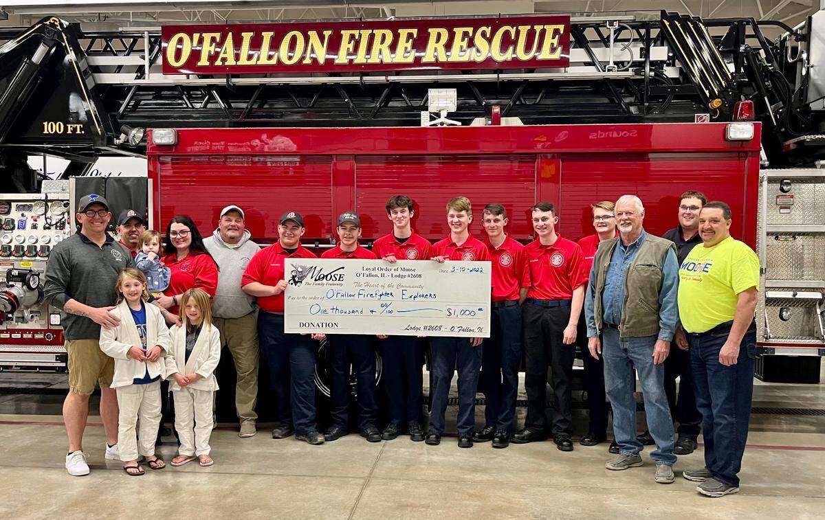 The O’Fallon Moose Lodge 2608 presented a check for $1,000 to the O’Fallon Firefighters Explorer’s Group. This was the proceeds from the February barbecue. Every third Saturday of the month, Moose members host a barbecue from 11 a.m. to 3 p.m. at the American Legion Post 137, 109 N. Penn St., O’Fallon — dine in or carryout. Next up is Saturday, March 19.