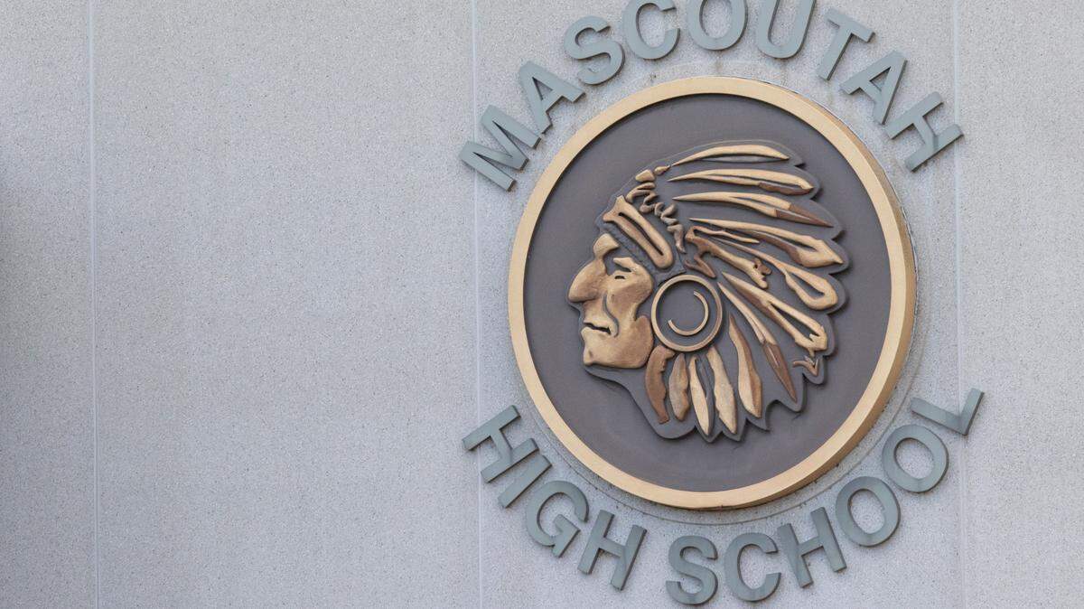 The mascot for the Mascoutah Indians on the side of the high school building.