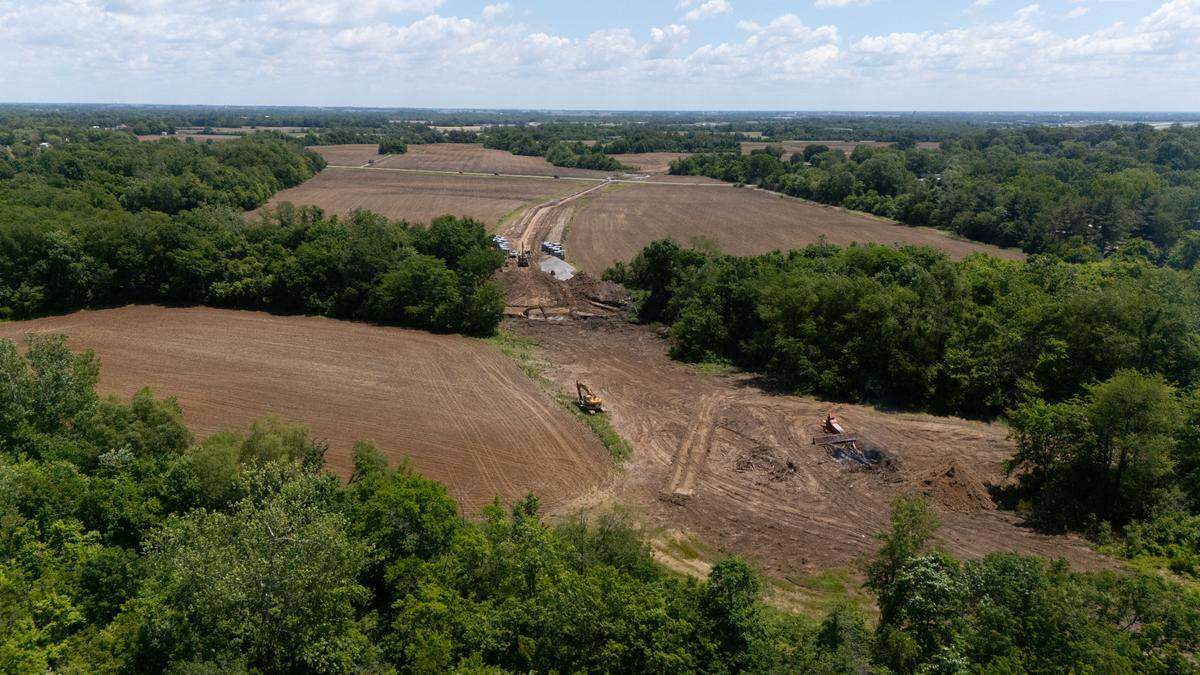 Looking east from Frank Scott Parkway East in Shiloh, where the construction of a two-lane extension of the road is currently underway to connect the road to Air Mobility Drive.