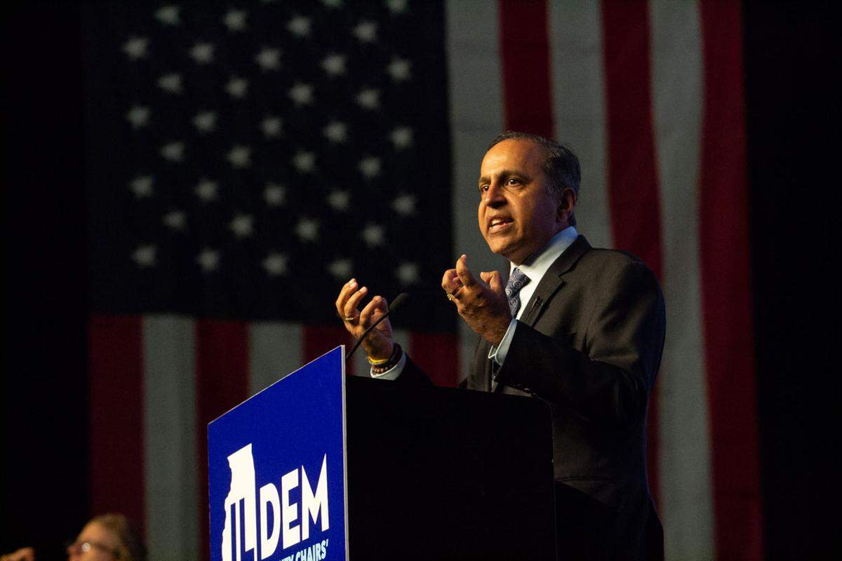 U.S. Rep. Raja Krishnamoorthi speaks to a gathering of Democrats in Springfield on Aug. 13, 2025.