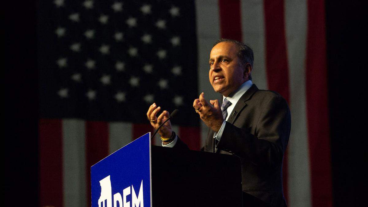 U.S. Rep. Raja Krishnamoorthi speaks to a gathering of Democrats in Springfield on Aug. 13, 2025.