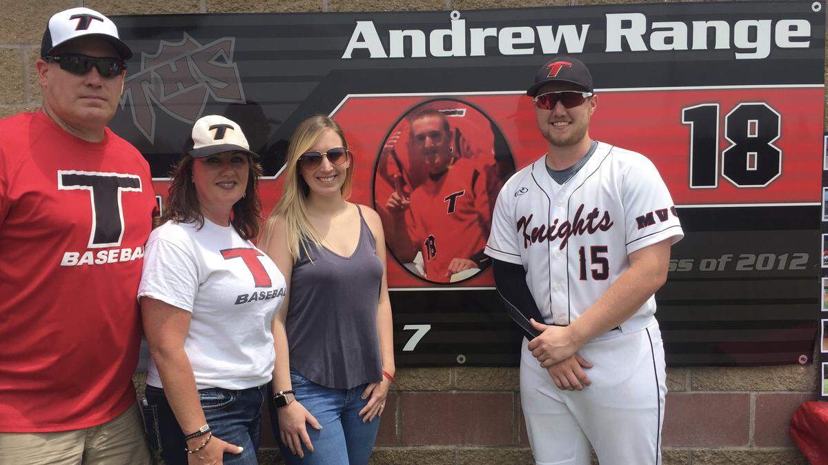 Triad High School senior Nick Beeler, right, is the first recipient of a scholarship from the Andrew Range Foundation. The award was announced Saturday be Range's family, Bob Range, Traci Range, and sister Taylor Range.