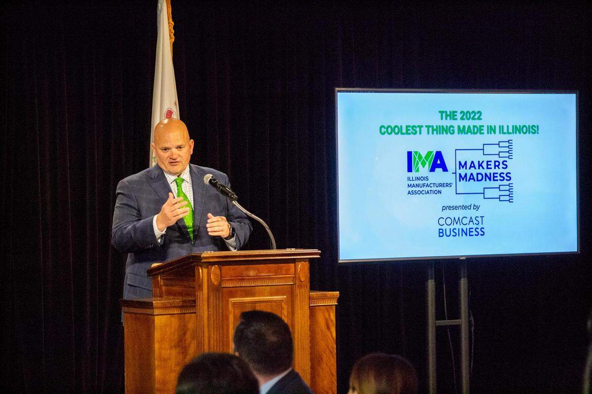 Illinois Manufacturers’ Association president and CEO Mark Denzler speaks at a Makers Madness event hosted by the IMA at the Governor’s Mansion. Makers Madness is a contest aimed at naming the “Coolest Thing Made in Illinois” each year.