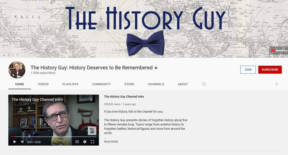 “The History Guy” YouTube channel’s homepage features Lance Geiger’s trademark bow tie. “I firmly believe that history does not need to be boring,” he states in the introduction video.