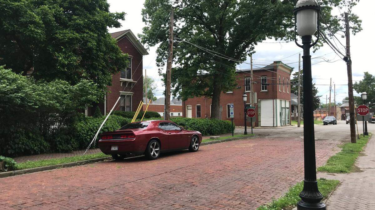 This photo shows the proximity of tree-lined Abend Street in Old Belleville Historic District to the 1887 brick building on Mascoutah Avenue that is being converted into a special-event center.