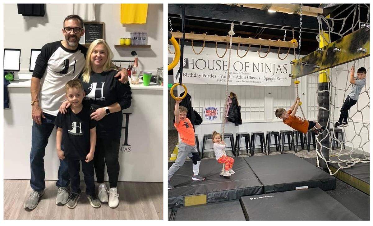 John and Nicky Wilmas pose with their son, Kaiden, at House of Ninjas, an obstacle gym in O’Fallon. They closed it permanently in June, feeling the new business couldn’t recover from the COVID-19 shutdown.
