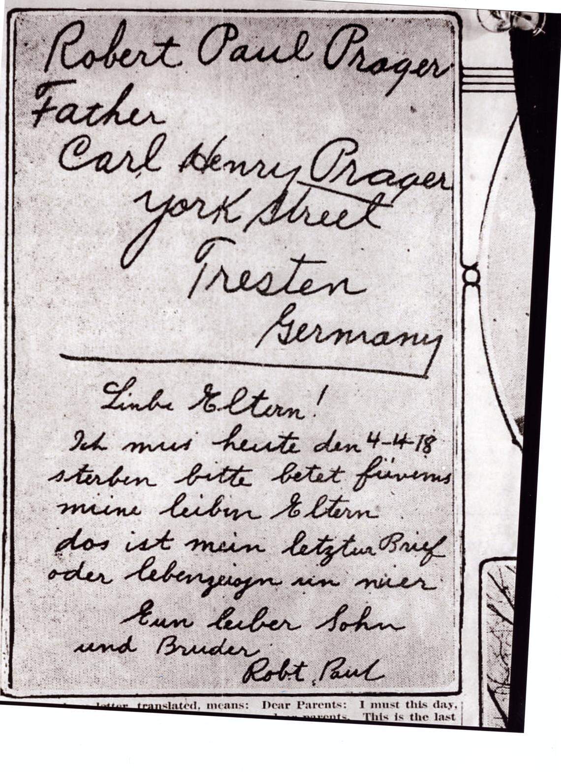 A copy of Robert Prager's last note before he was lynched is currently on display at the Collinsville Historical Museum, 406 W. Main St., Collinsville.