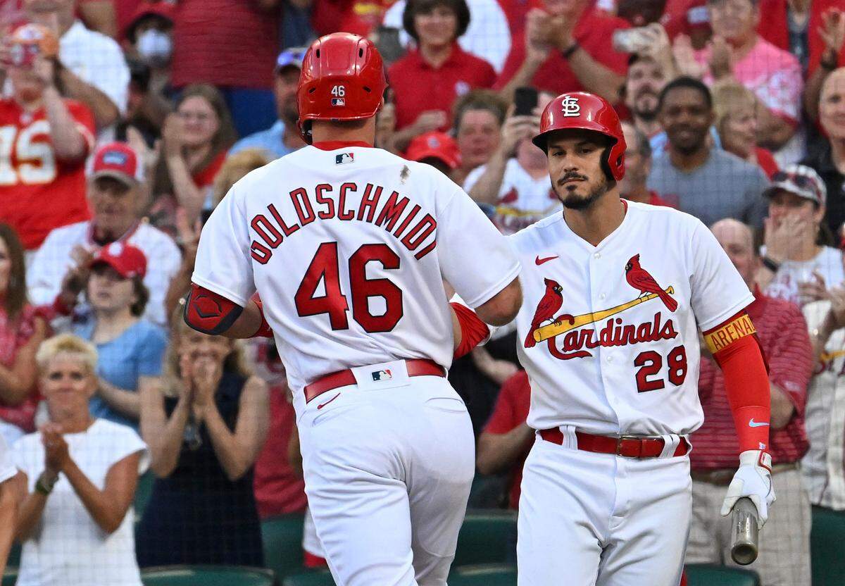 St. Louis Cardinals third baseman Nolan Arenado (28) congratulates St. Louis Cardinals first baseman Paul Goldschmidt (46) at home plate after his solo home run against the Miami Marlins in June. In the latest BND poll, we asked readers about their favorite sports month of the year to include October, which the MLB postseason takes place in every year.