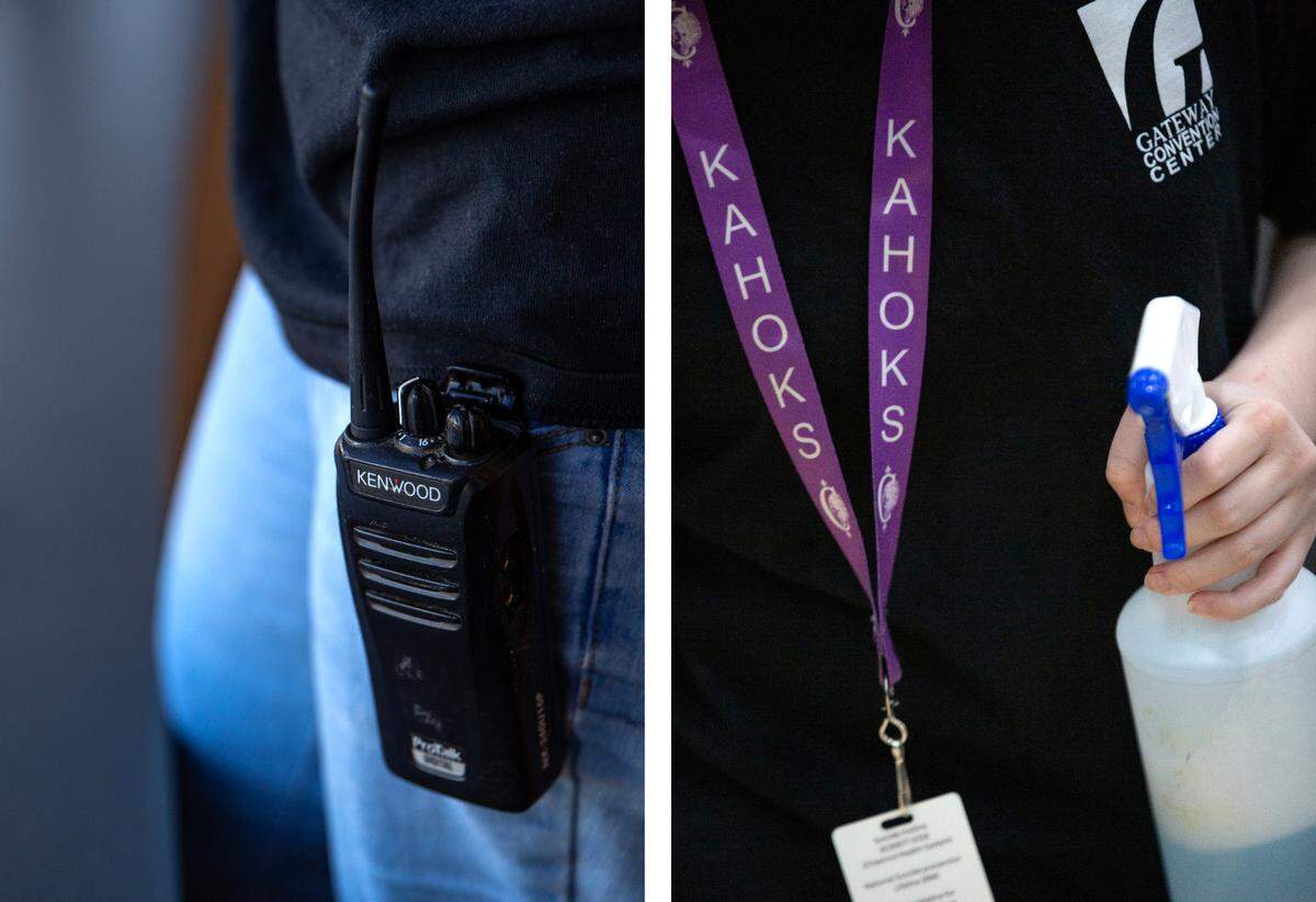 Mackensie Walker, 17, wears a walkie talkie, Gateway Convention Center t-shirt and a Collinsville Kahoks lanyard while working on Tuesday, Nov. 14, 2023, at the Gateway Convention Center in Collinsville, Ill.