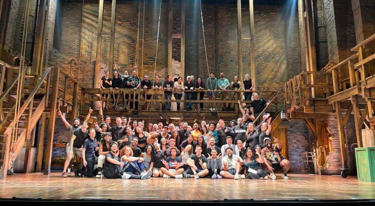 Cast and creatives of The Angelica Tour for “Hamilton.” Nathanael Hirst is first in bottom row.