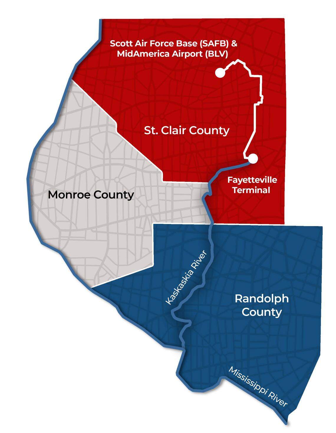 The pipeline’s proposed corridor will run from the Kaskaskia Regional Port District’s terminal near Fayetteville to the east side of Mascoutah and finally to MidAmerica St. Louis Airport.