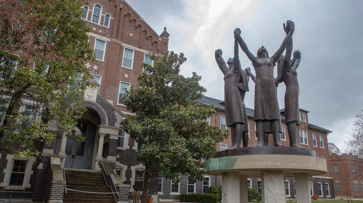 This 2022 file photo shows a sculpture erected outside the former Adorers of the Blood of Christ convent in rural Ruma that represents five nuns killed in 1992 while working as missionaries during a civil war in Liberia. 
