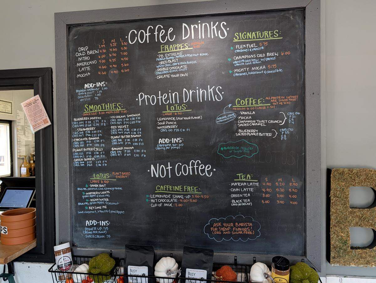Beverage menu at Busy Body Meals' Belleville location (609 S. Illinois St.)