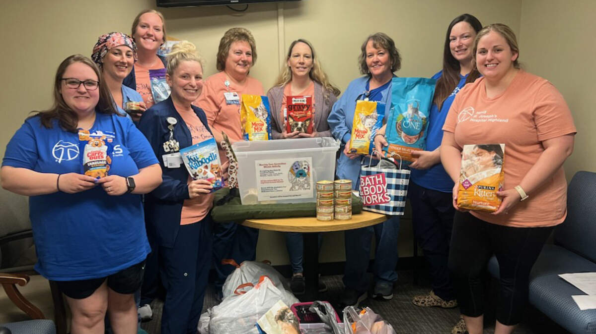 HSHS St. Joseph’s Hospital Highland colleagues recently joined the hospital’s Nursing Care Committee in collecting pet items for the Highland Animal Shelter. Shown with the food/treats, toys and other items collected are (left to right): Olivia Fowler, Holly Deien, Caitlin Harrison, Lyndsey Gelly, Vicki Huelsmann, Irene Siebert, Tammy Rench, Stephanie Grant and Stephanie Huelsmann. Submitted by Vicki Macklin