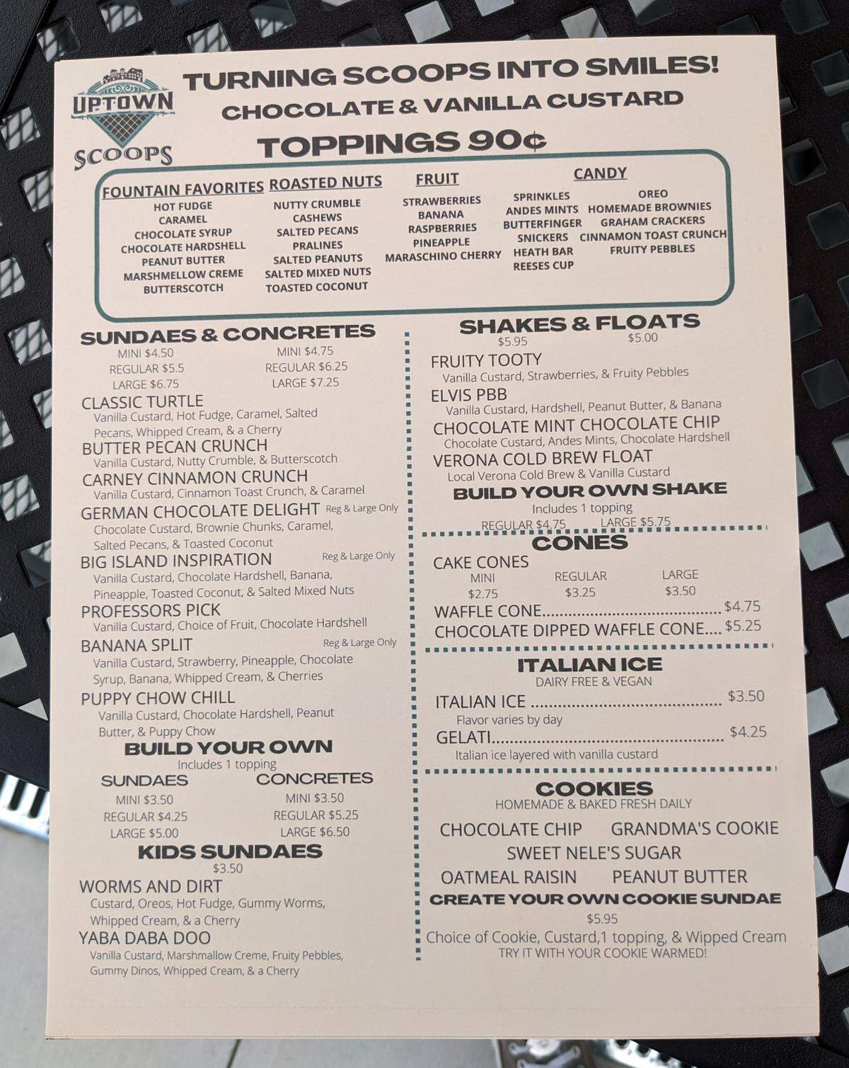 Uptown Scoops menu