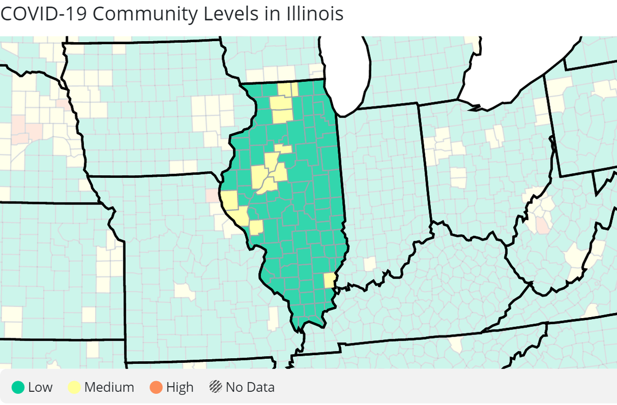 The U.S. Centers for Disease Control and Prevention rated 13 Illinois counties at medium levels March 30, 2023.