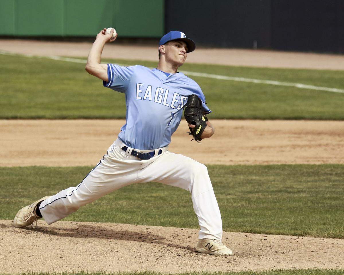 Columbia standout Dominic Voegele delivers a pitch in an IHSA Class 2A playoff game during the 2022 baseball season. Voegele, who helped the Eagles finish third in state last spring, will continue his outstanding baseball career at Kansas University.