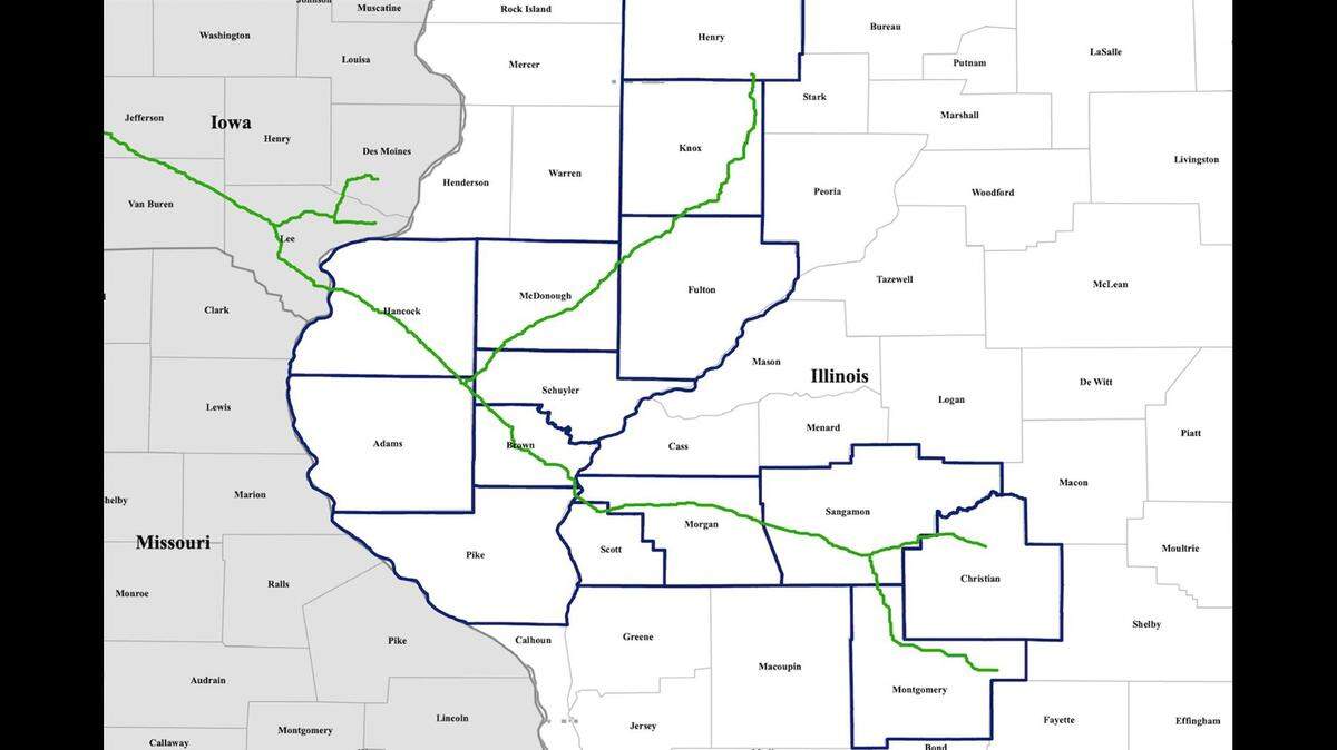 The proposed map shows the Illinois portion of the now-canceled Navigator Heartland Greenway pipeline. (Published by Navigator CO2 at heartlandgreenway.com)