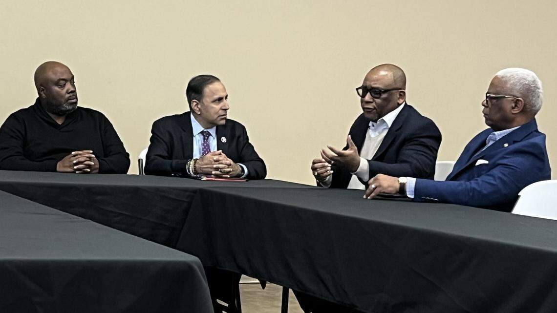 U.S. Rep. Raja Krishnamoorthi, second from left, listens to Illinois Sen. Christopher Belt, second from right, during a discussion on Saturday that also included East St. Louis Township Supervisor Ricky Easton, left, and East St. Louis City Manager Robert Betts at Clyde C. Jordan Senior Citizens Center.
