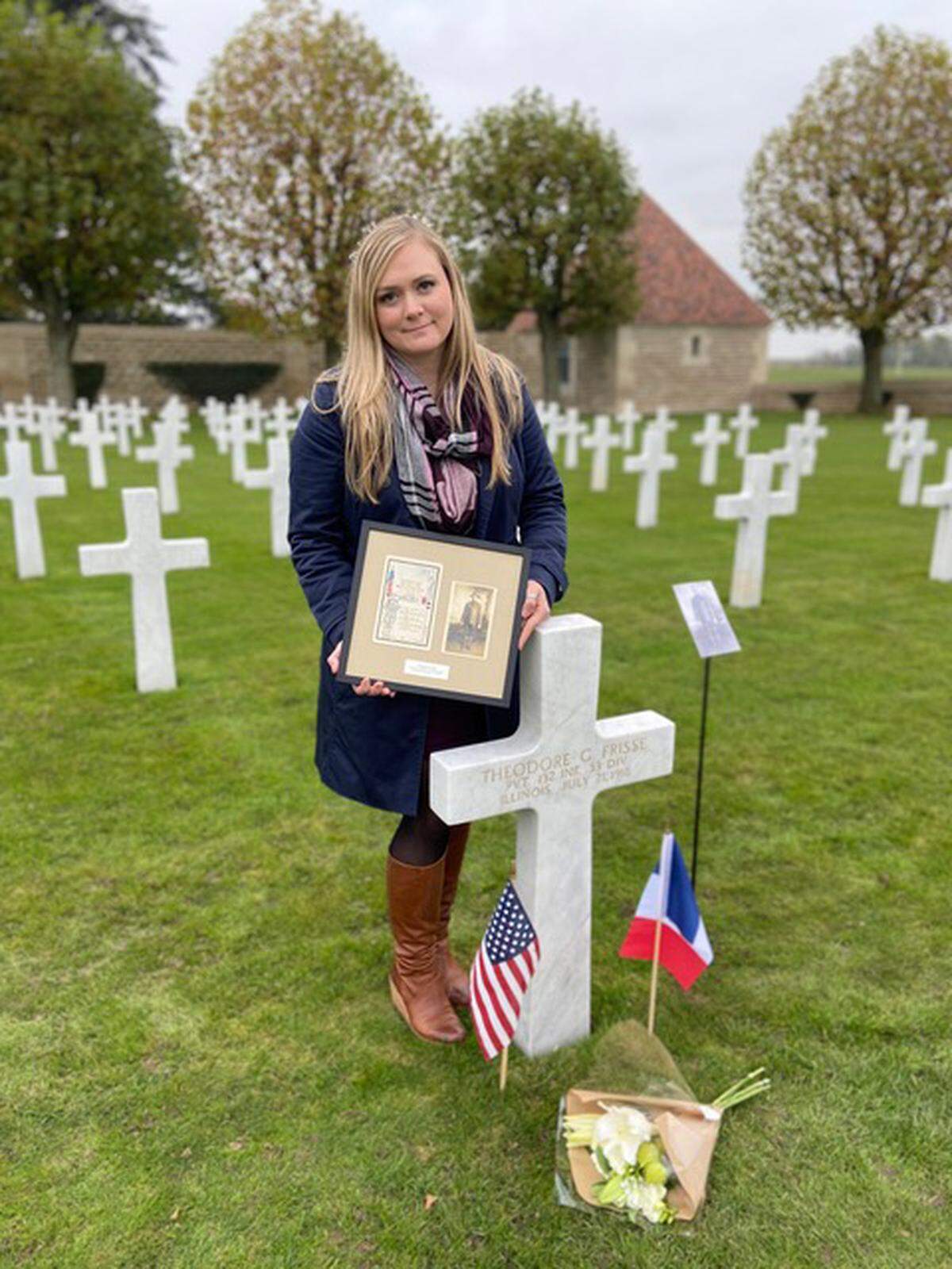 Morgan Gray visiting the grave of her great-grand-uncle from Alhambra, who fought and was killed in action in World War I, buried at the Somme cemetery in France