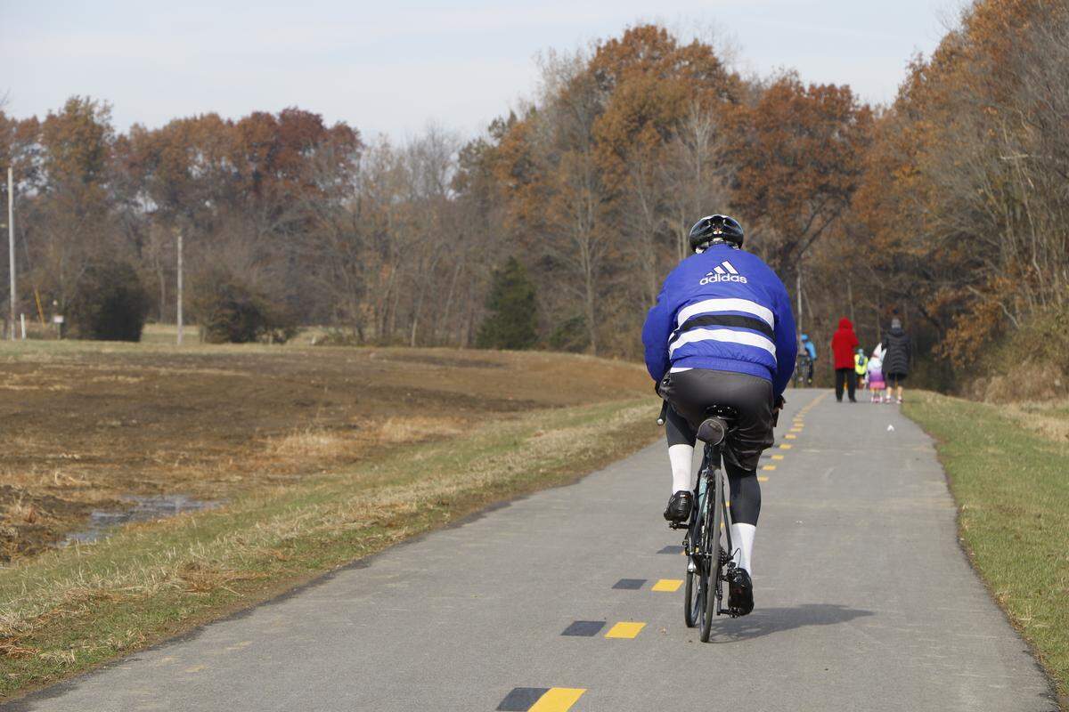 A cyclist tries out the new Madison County Transit Goshen Trail Extension. The seven-mile trail runs from Troy to O’Fallon and is the first trail to link St. Clair and Madison counties.