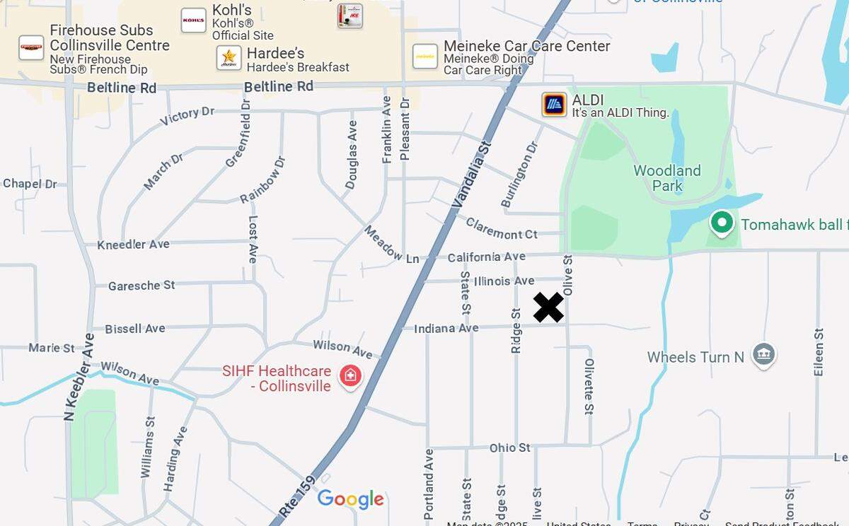 An X marks the location of a home on Olive Street at Indiana Avenue in Collinsville, where Portia Rowland was fatally shot early Tuesday morning.