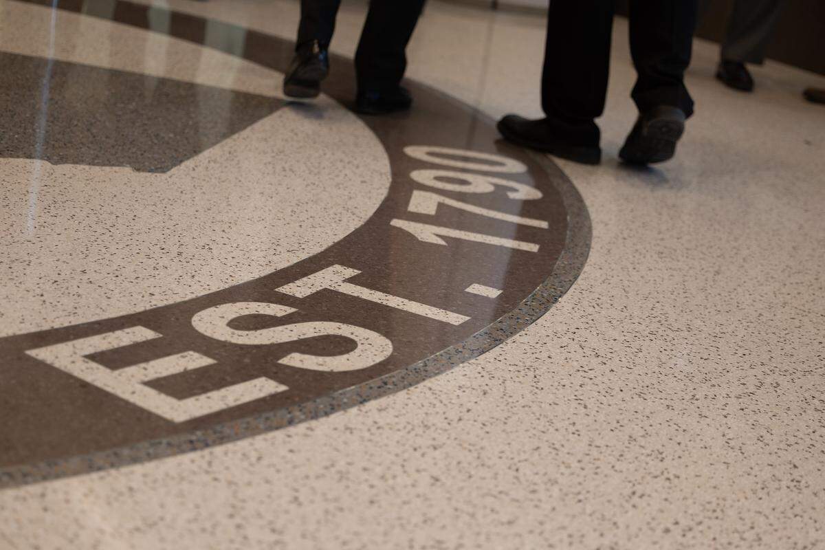 The floor of the new lobby features an homage to the county’s history, with an outline of St. Clair County superimposed over a banner reading “EST. 1790.”