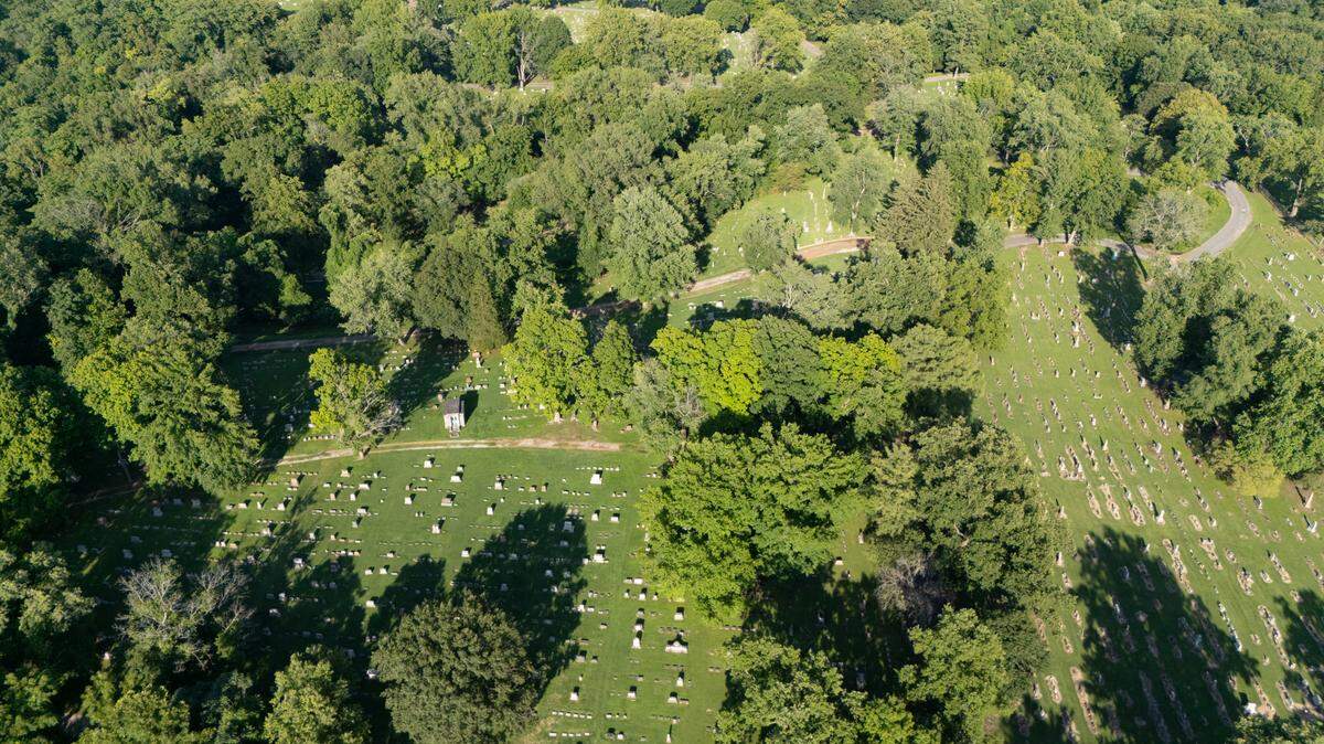 This drone photo shows burial grounds and surrounding woods at Mount Hope Cemetery in Belleville. The city bought the 132 acres on Thursday in a foreclosure sale.