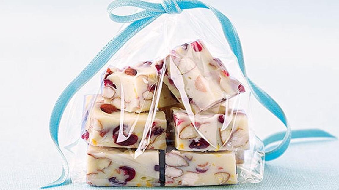 White Chocolate Fudge is full of dried cranberries and almonds.