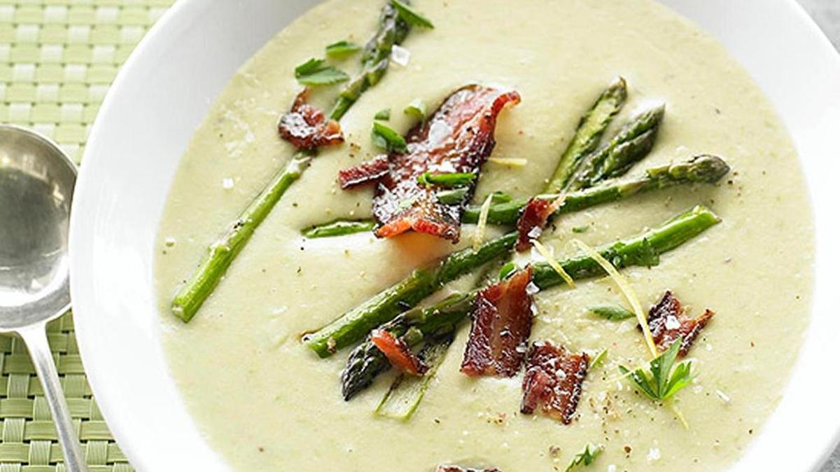 Blend ingredients, then add asparagus and bacon for Creamy potato and Asparagus Soup