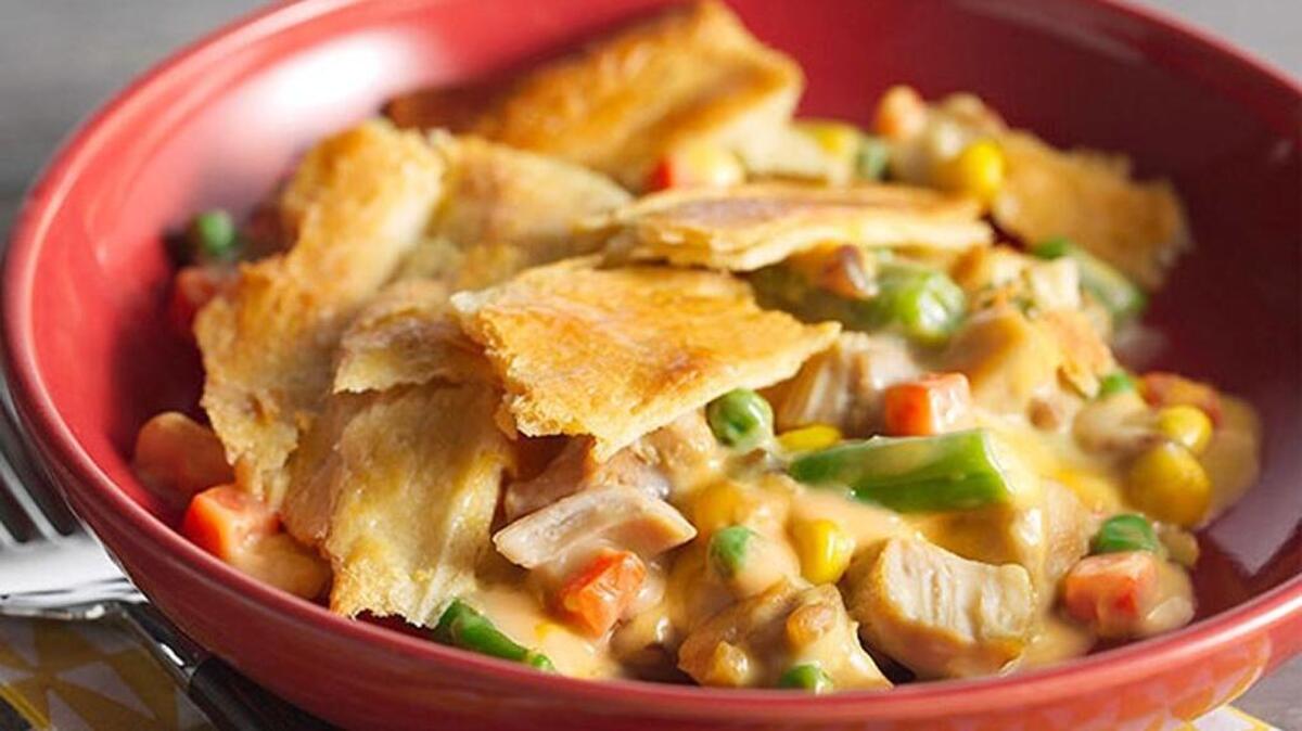 Easiest Pot Pie — ever! The secret ingredient is a can of refrigerator crescent rolls.