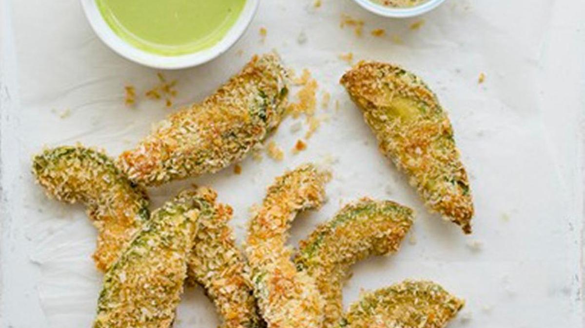 These avocado fries get crispy and crunchy in the oven.