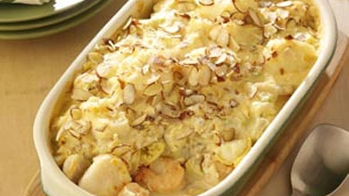 Casserole has three kinds of seafood in it.