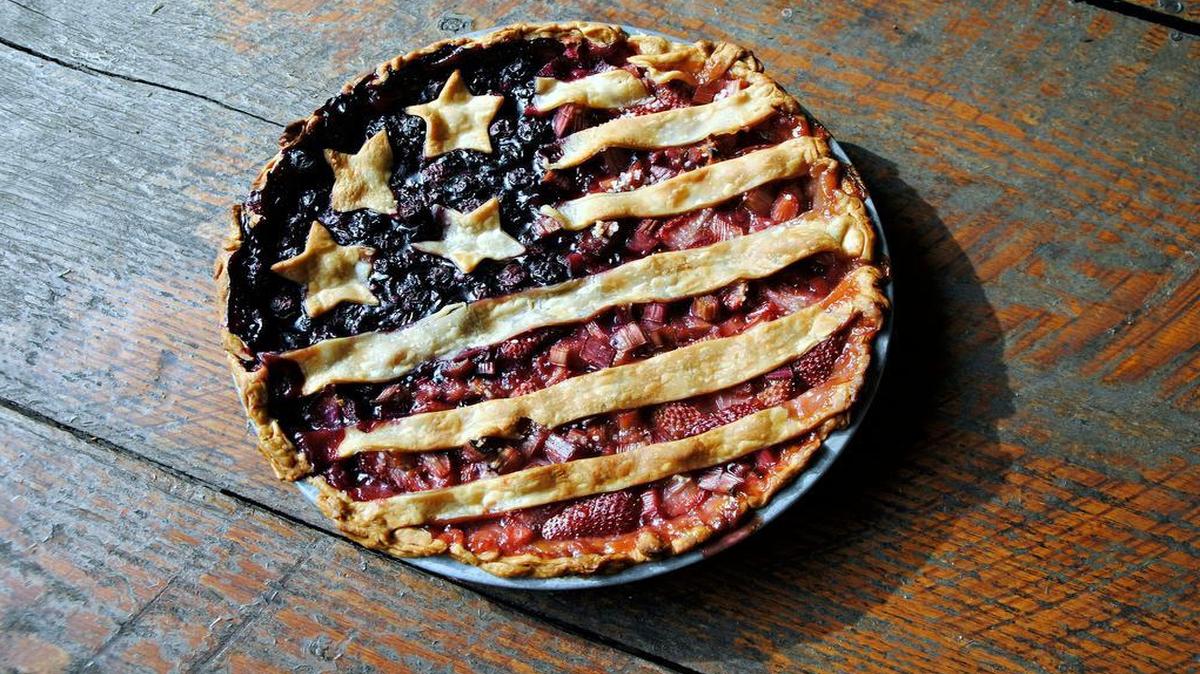 
American Flag Pie made with blueberries and a combination of rhubarb and strawberries.
