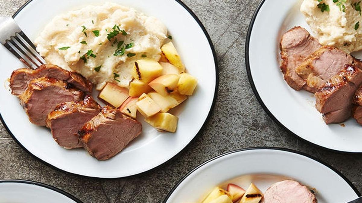 Jezebel Pork Tenderloin, here served with mashed potatoes and sauteed apples.