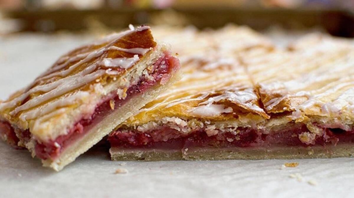 Rhubarb and raspberries combine to make this slab pie.