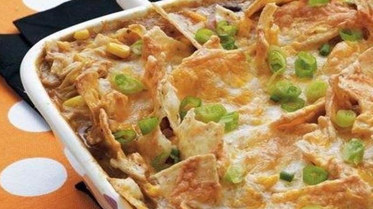 
There’s a chicken pot pie in this baked nacho dish.
