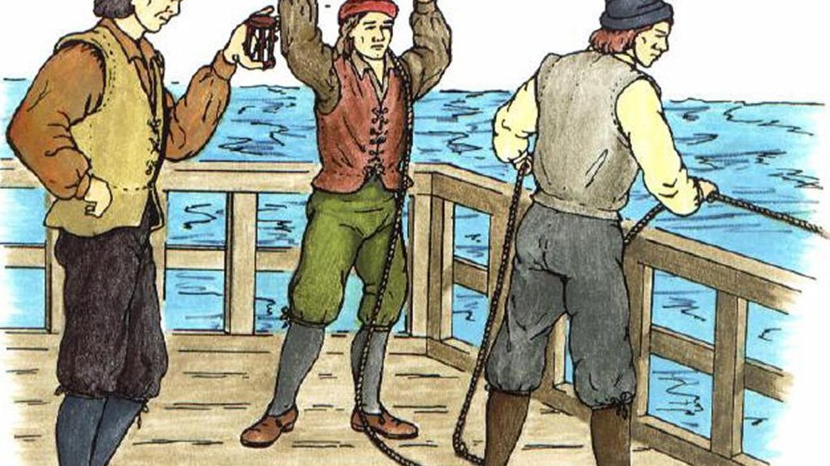 The sailor in the middle is holding the log line, a line with a small board on its end and knots tied into the rope at regular intervals. The navigator, left, measures time with an hourglass, and the man letting the line run as the ship moved through water would “call the knots” as they passed through his hand.