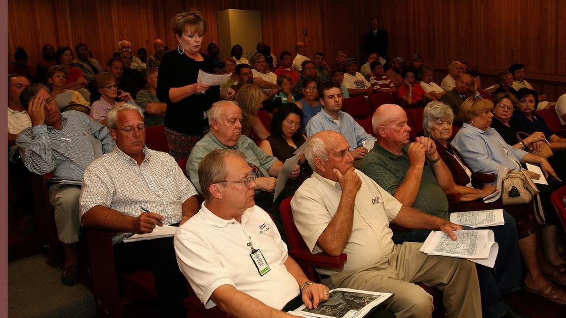 
In this June 25, 2007 file photo, Patty Gregory speaks during a packed public hearing to the St. Clair County Board about the fate of the property known as the Engelmann Farm, east of Belleville. 
