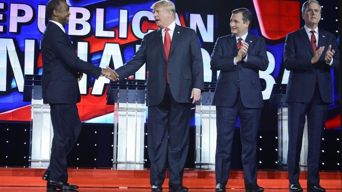 GOP presidential candidates Dr. Ben Carson, Donald Trump, Sen. Ted Cruz and Jeb Bush on stage during the CNN Republican presidential debate at the Venetian in Las Vegas on Dec. 15, 2015.